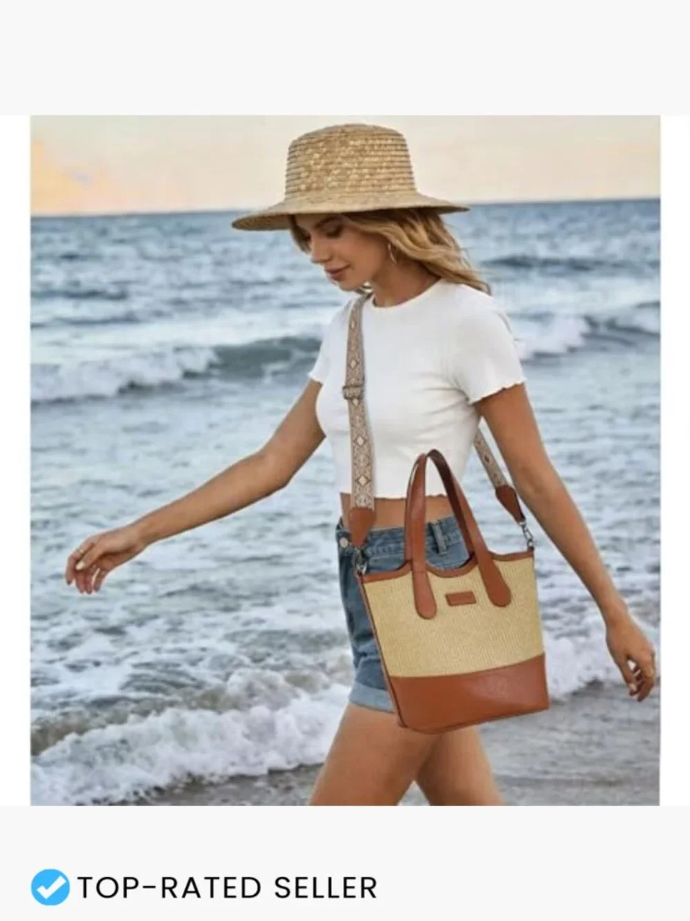 Straw Woven Vegan Leather Bucket Tote Bag Crossbody Shoulder Handbag Travel